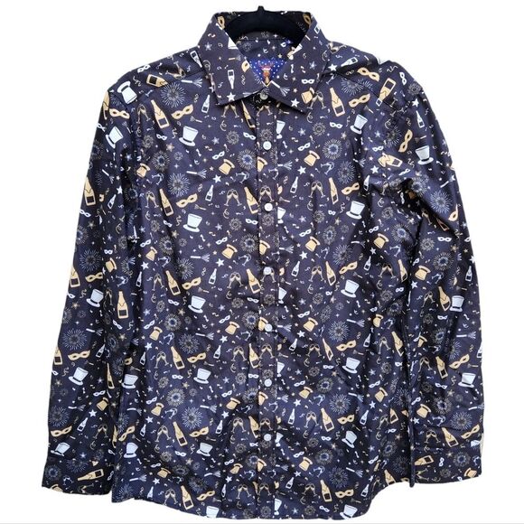 Simon Banks Men's NYE New Year Holiday Celebration Print Button Down Shirt Small - Picture 1 of 7